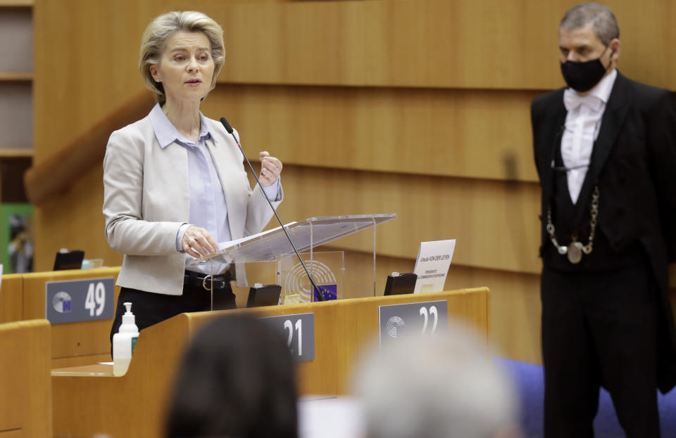 European Commission President Ursula von der Leyen speaks during a plenary session at the European Parliament in Brussels, Wednesday, Nov. 25, 2020. European Commission President Ursula von der Leyen said Wednesday that it is still uncertain if a deal on the future relationship between the EU and the UK will be possible before the end of the year. (Olivier Hoslet, Pool via AP)