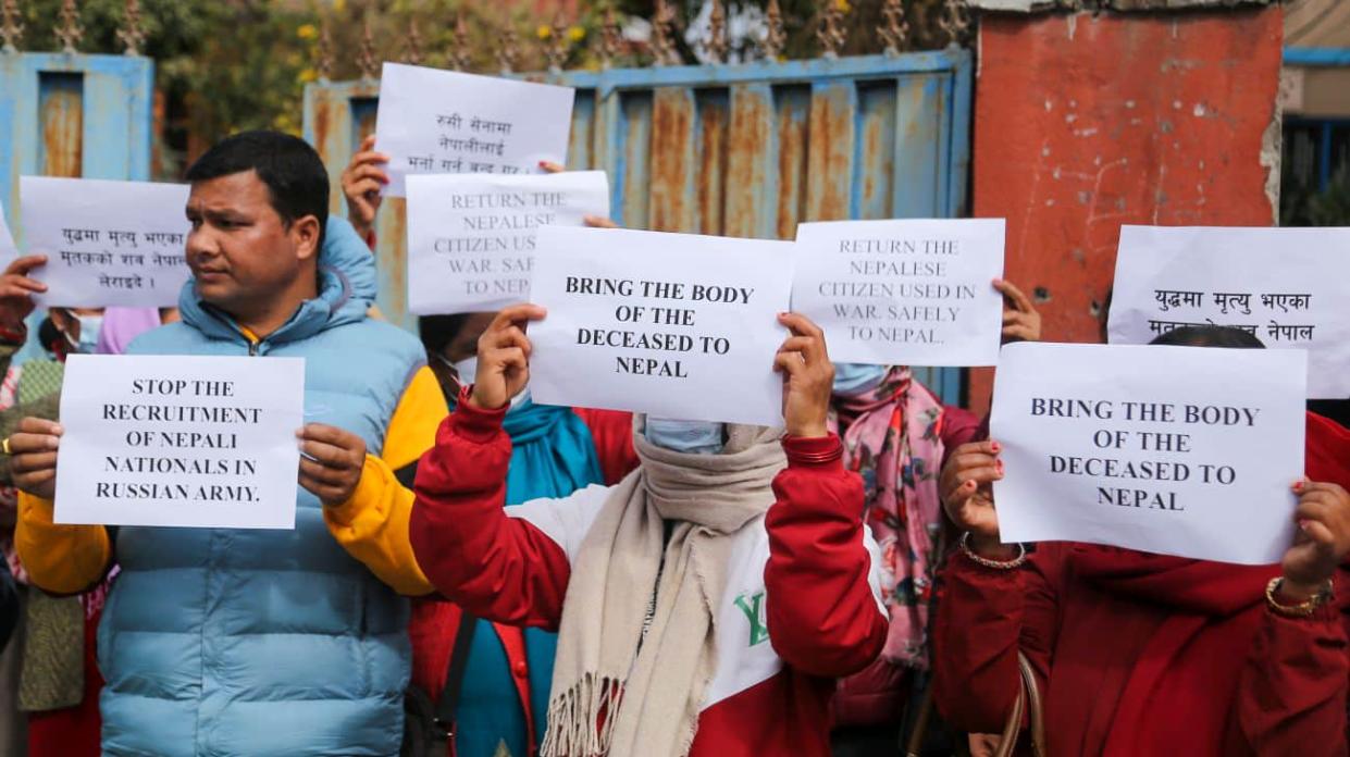 A protest against the recruitment of Nepalis outside the Russian embassy in Kathmandu, 6 February 2024. Photo: Nurphoto via Getty Images