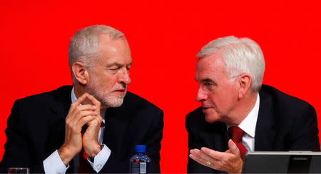 The Labour Party's shadow Chancellor of the Exchequer John McDonnell speaks to party leader Jeremy Corbyn at the party's conference in Liverpool, Britain, September 24, 2018. REUTERS/Phil Noble