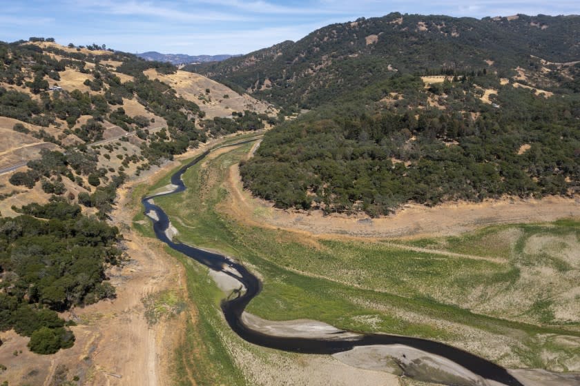 UKIAH, Calif. -- Wednesday, June 16, 2021: The Russian River, just north of drought-stricken Lake Mendocino in Ukiah, Calif., on June 16, 2021. (Brian van der Brug / Los Angeles Times)