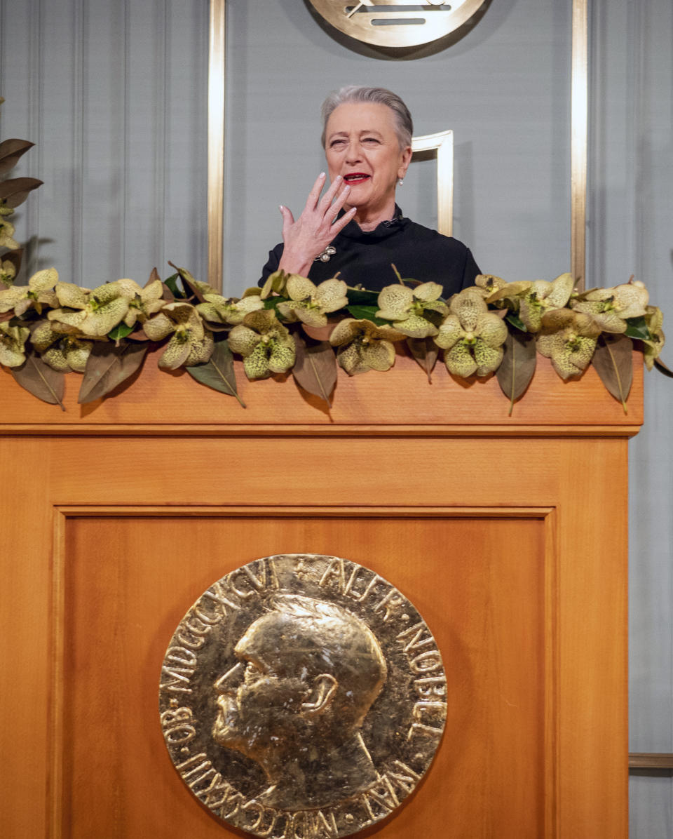 Nobel Committee chair Berit Reiss-Andersen makes a statement at the Nobel Institute as part of the digital award ceremony for this year's Peace Prize winner, the World Food Program (WFP), in Oslo, Norway, Thursday Dec. 10, 2020. Reiss-Andersen makes a statement in Oslo as part of the Nobel Peace Prize digital award ceremony and an acceptance speech will be made by WFP Executive Director David Beasley in Rome, Italy. (Heiko Junge / NTB via AP)