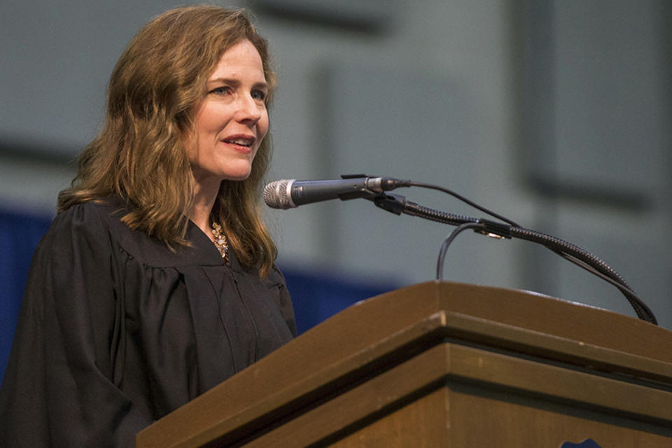 In this May 19, 2018, photo, Amy Coney Barrett, United States Court of Appeals for the Seventh Circuit judge, speaks during the University of Notre Dame's Law School commencement ceremony at the University of Notre Dame in South Bend, Ind. Barrett is on President Donald Trump's list of potential Supreme Court Justice candidates to fill the spot vacated by retiring Justice Anthony Kennedy. (Robert Franklin/South Bend Tribune via AP)