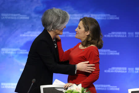South Korean Minister of Foreign Affairs Kang Kyung-wha speaks with Canada’s Minister of Foreign Affairs Chrystia Freeland during the Foreign Ministers’ Meeting on Security and Stability on the Korean Peninsula in Vancouver, British Columbia, Canada, January 16, 2018. REUTERS/Ben Nelms