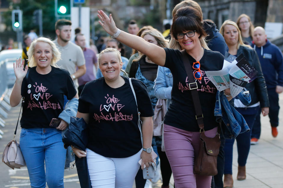 Thousands of music fans cheered the names of those killed in the Manchester Arena terror attack as the venue re-opened for the first time with a charity concert.