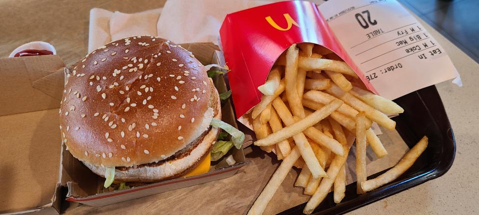 McDonald's Big Mac has buns too big for the burger, including a middle slice.