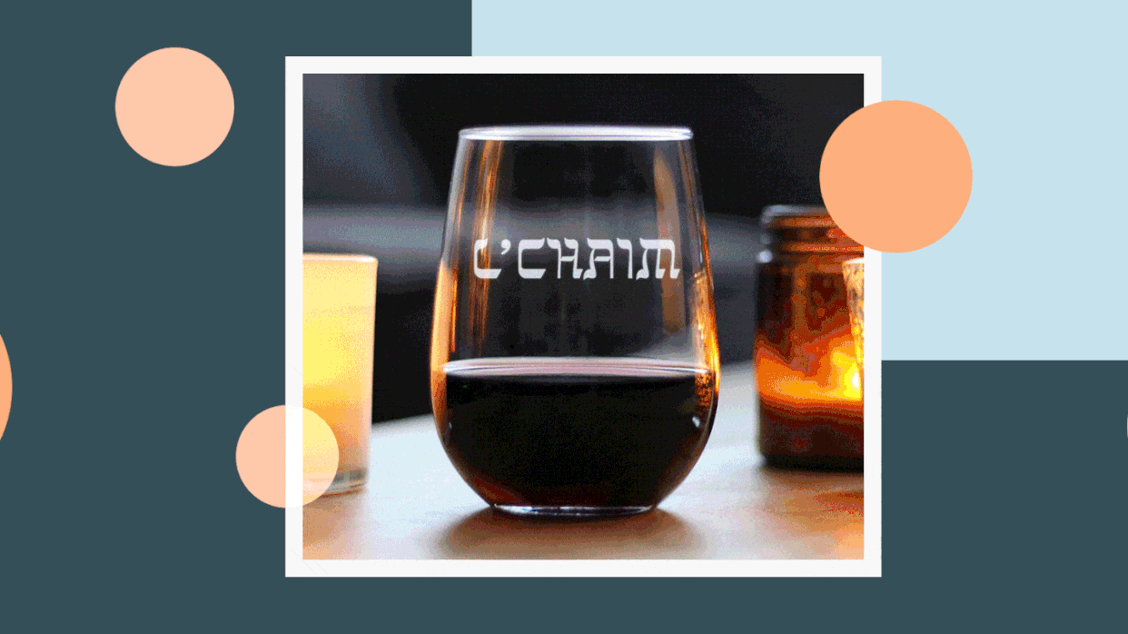 l'chaim wine glass, hanukkah card, plant, beer sampler, jewish tshirt