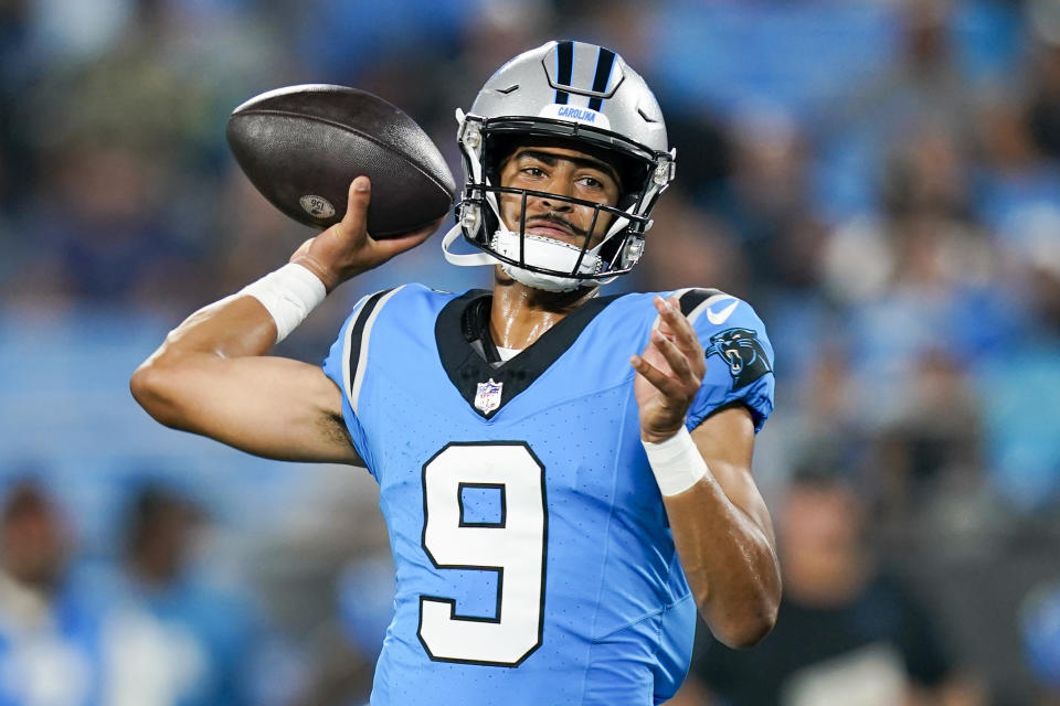 Carolina Panthers quarterback Bryce Young passes against the Detroit Lions during the first half of a preseason NFL football game Friday, Aug. 25, 2023, in Charlotte, N.C. (AP Photo/Erik Verduzco)
