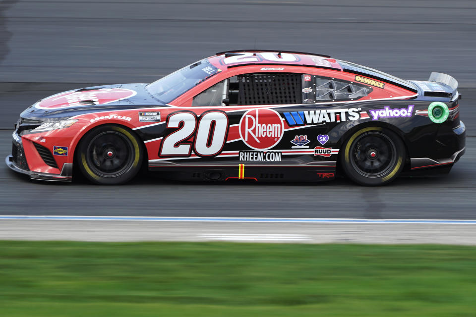 Christopher Bell steers into Turn 4 during a NASCAR Cup Series auto race at the New Hampshire Motor Speedway, Sunday, July 17, 2022, in Loudon, N.H. (AP Photo/Charles Krupa)