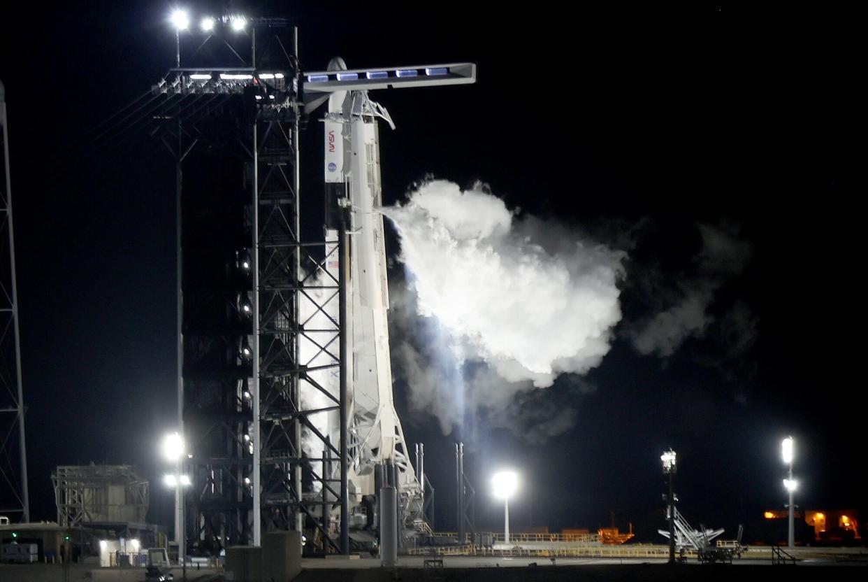 SpaceX Falcon 9 rocket with the Crew Dragon spacecraft sits on launch pad 39A after its launch was scrubbed due to technical issues with the rocket at the Kennedy Space Center on February 27, 2023 in Cape Canaveral, Florida. The astronauts were scheduled to lift off on Monday at 1:45am on a mission to the International Space Station.