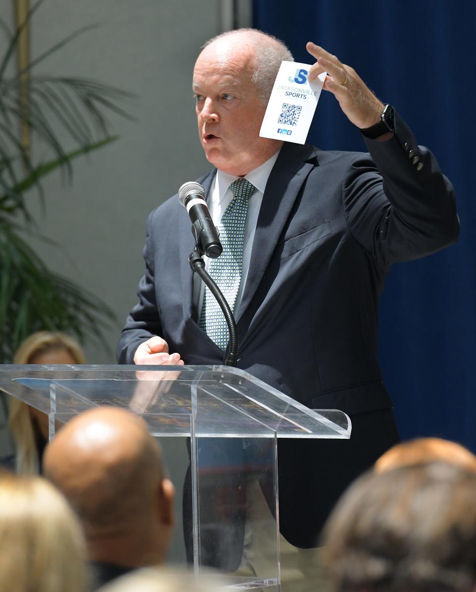 Michael Corrigan, the CEO of Visit Jacksonville, addresses the audience during the City Hall press conference announcing the launch of the Jacksonville Sports Foundation.