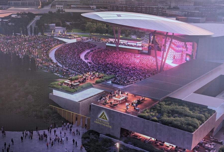A rendering shows the Acrisure logo on the planned amphitheater in Grand Rapids.