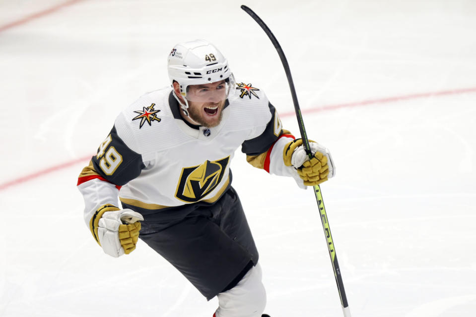 Vegas Golden Knight center Ivan Barbashev celebrates after right wing Jonathan Marchessault scored during the second period of Game 6 in the Western Conference finals. (AP Photo/Gareth Patterson)