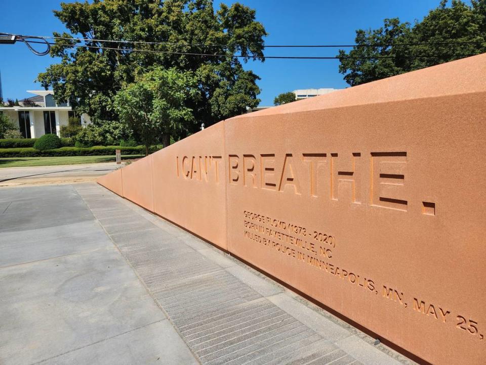 “I can’t breathe,” a quote from George Floyd, who was born in North Carolina and killed by Minneapolis police in 2020, sparking a summer of protests across the country, is inscribed in the wall of North Carolina Freedom Park across the street from the Legislative Building in downtown Raleigh, N.C. The park opened Aug. 23, 2023.