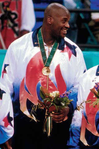 <p>Scott Cunningham/NBAE via Getty</p> Shaquille O'Neal at the 1996 Olympics