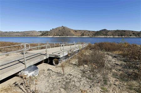 The receding water line of Lake Hodges is seen in San Diego County January 17, 2014. REUTERS/Mike Blake