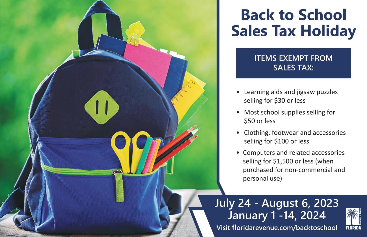 Florida back to school sales tax holiday for 2023-2024 school year.