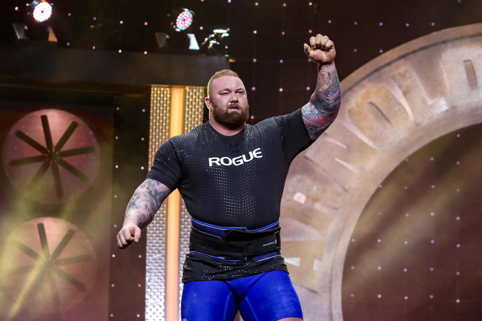 Hafþór Júlíus Björnsson salutes the crowd after lifting the Odd Haugen Stone Shoulder (410 pounds) to win the Arnold Strongman Classic as part of the Arnold Sports Festival on March 2, 2019 in Columbus, Ohio. (Photo by Frank Jansky/Icon Sportswire via Getty Images)