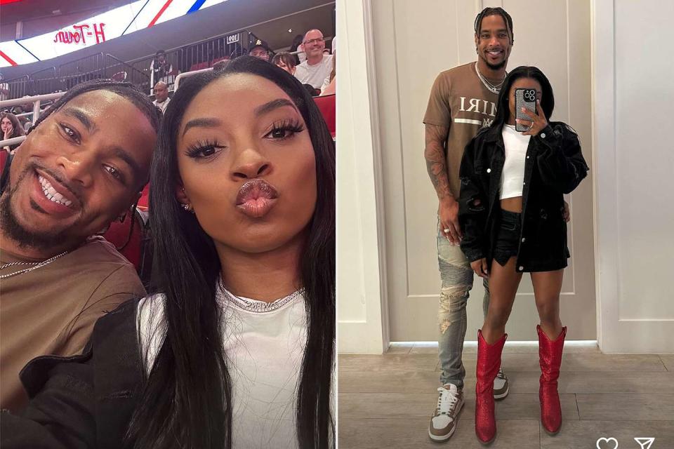 <p>Simone Biles/Instagram</p> Simone Biles and Jonathan Owens pose for pictures before and during an NBA game in April 2024
