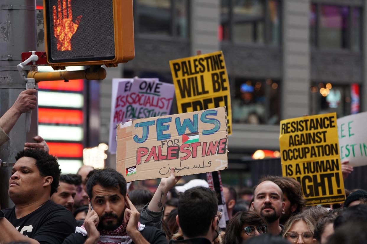 People march in support of Palestinians in New York on Oct. 8, 2023, after the Palestinian militant group Hamas launched an attack on Israel.