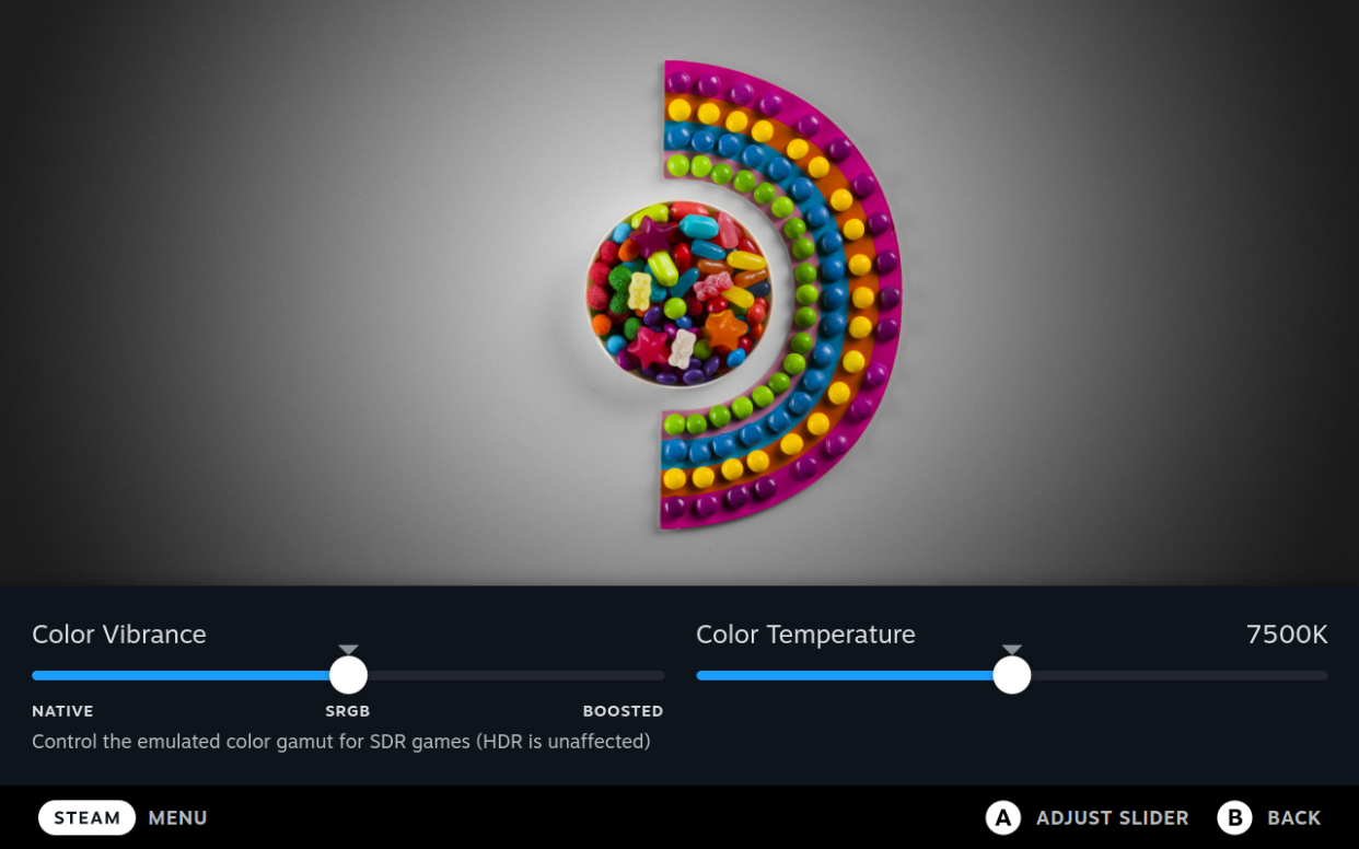  Preview image of SteamOS 3.5 with color vibrance and temperature sliders on display. 