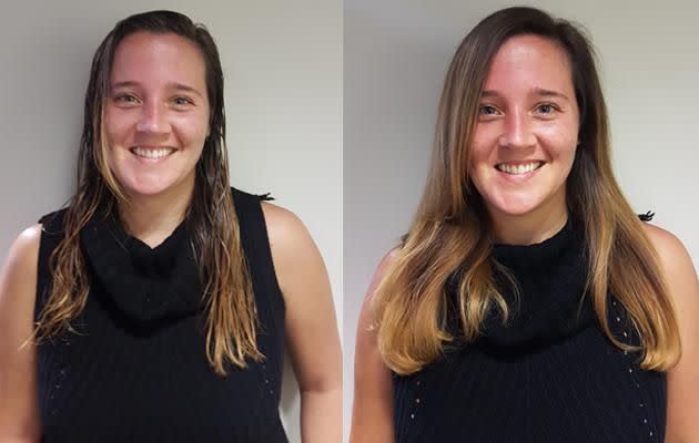 Allison with wet hair (left) only uses hairdryers about three or four times a year but she was impressed with the Supersonic (right). Photo: Be