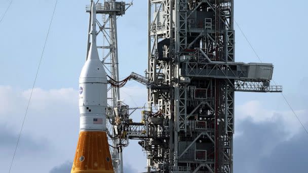 PHOTO: NASA's Space Launch System rocket with the Orion spacecraft atop sits on launch pad 39B as final preparations are made for the Artemis I mission at the Kennedy Space Center, Nov. 14, 2022, in Cape Canaveral, Florida. (Kevin Dietsch/Getty Images)