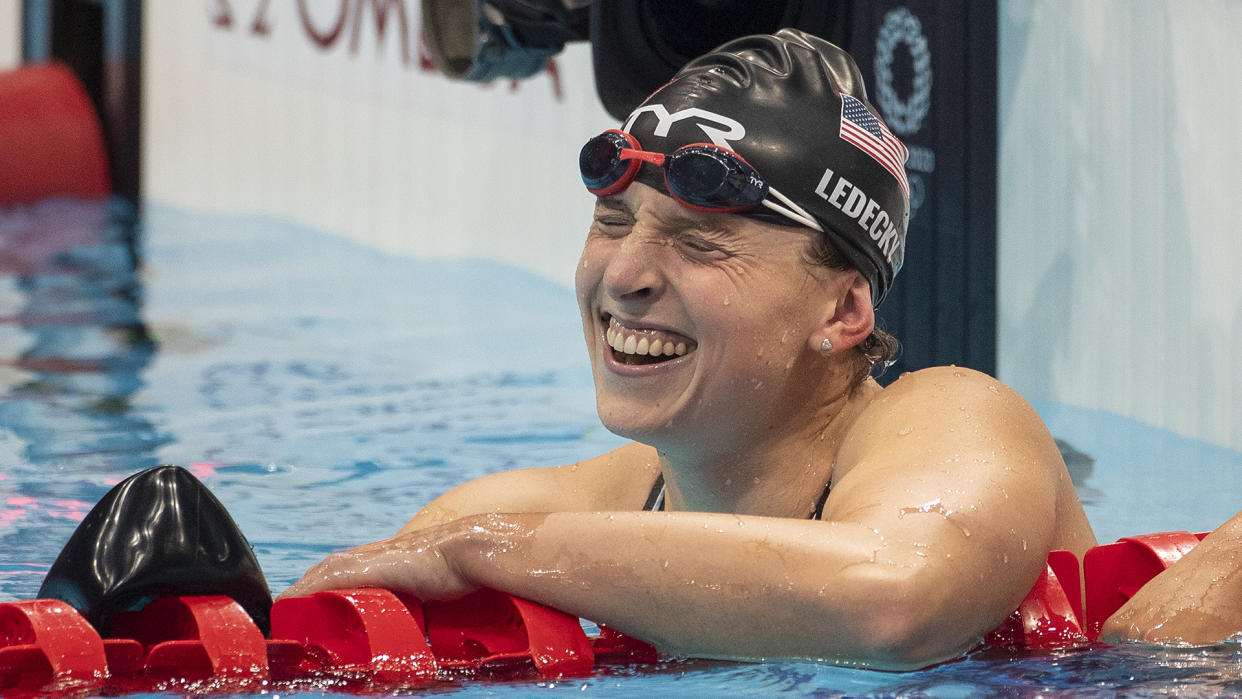 Katie Ledecky of the United States reacts after winning the 800-metre freestyle...again. (Photo by Tim Clayton/Corbis via Getty Images)