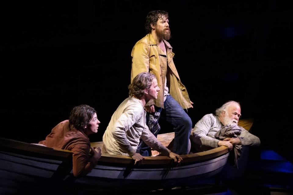 Adrian Blake Enscoe (Little Brother), Stark Sands (Big Brother), John Gallagher Jr. (Mate) and Wayne Duvall (Captain) in Arena Stage’s East Coast premiere of “Swept Away”. The actors forged a tight bond throughout the development of the show.