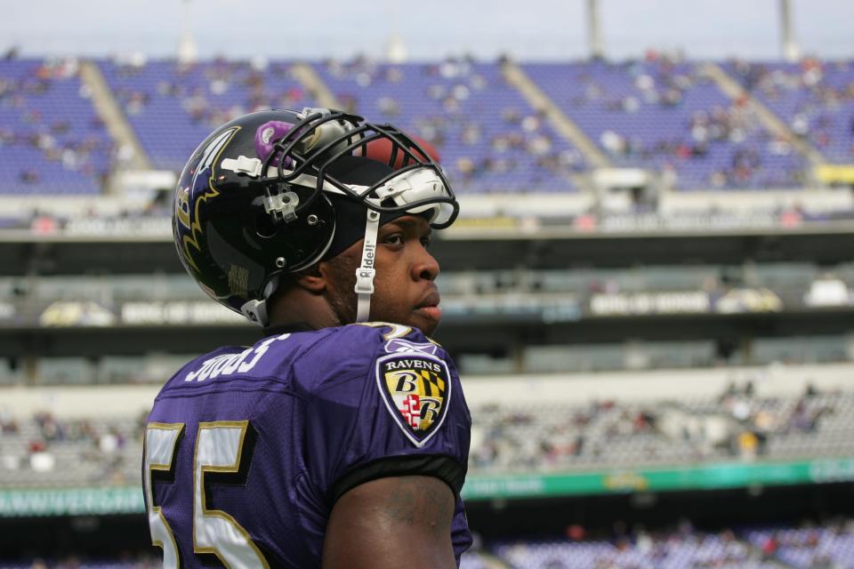 Terrell Suggs #55 of the Baltimore Ravens walks on the field against the Cincinnati Bengals at M&T Bank Stadium on November 5, 2006 in Baltimore, Maryland. The Ravens defeated the Bengals 26-20. (Photo by Tom Hauck/Getty Images)