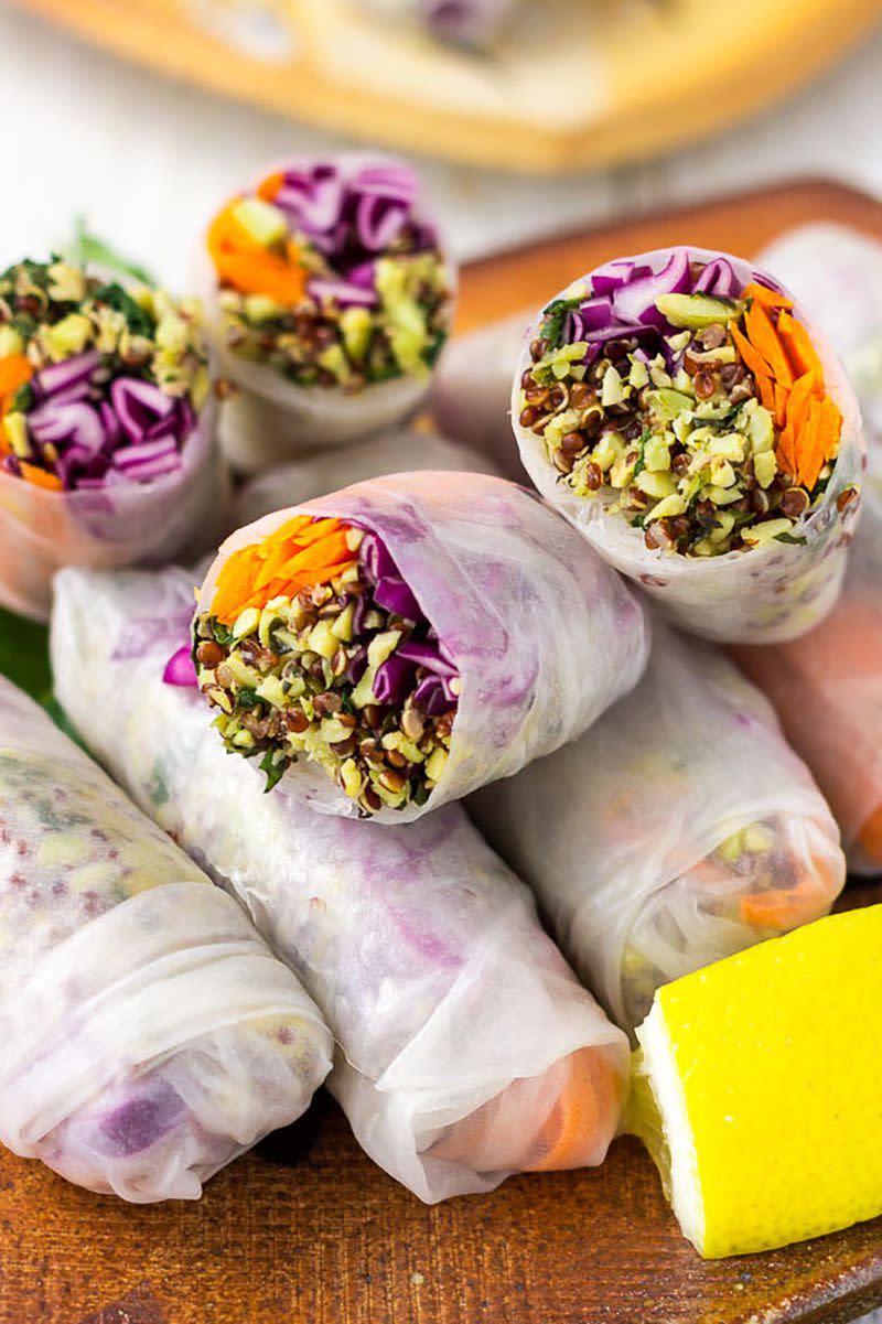 <p>Not into gluten? Wraps don't have to be a thing of the past. This version uses rice paper wrappers to hold its colorful ingredients.<br></p><p><strong><a rel="nofollow noopener" href="https://lightorangebean.com/power-veggie-edamame-quinoa-summer-rolls-vegan-gf/" target="_blank" data-ylk="slk:Get the recipe at Light Orange Bean.;elm:context_link;itc:0;sec:content-canvas" class="link ">Get the recipe at Light Orange Bean.</a></strong></p>