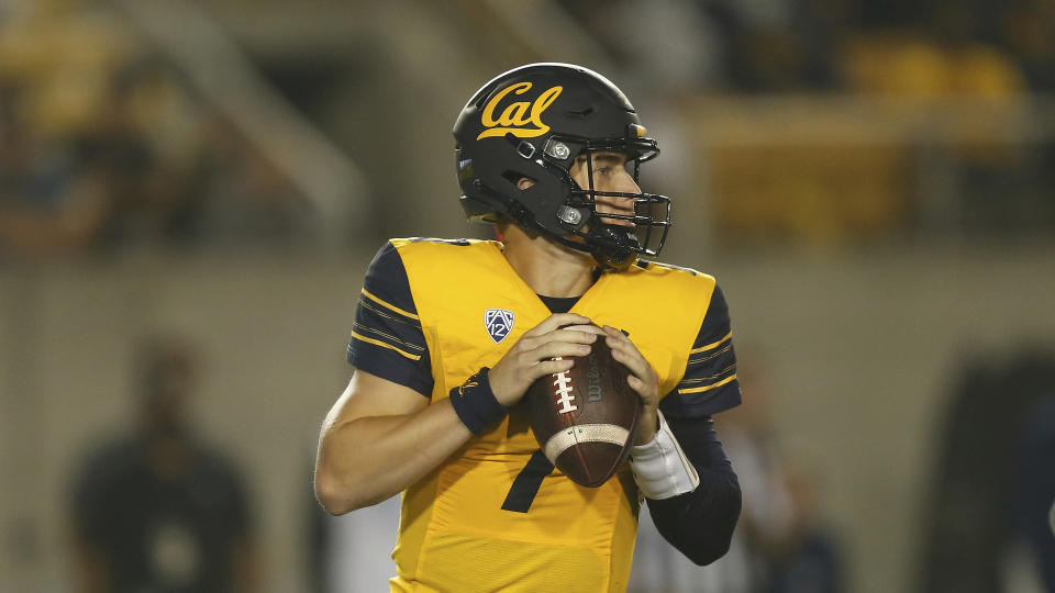 California Golden Bears quarterback Chase Garbers (7) drops back on a play against the Nevada Wolf Pack during an NCAA football game on Saturday, Sept. 4, 2021 in Berkeley, Calif. (AP Photo/Lachlan Cunningham)