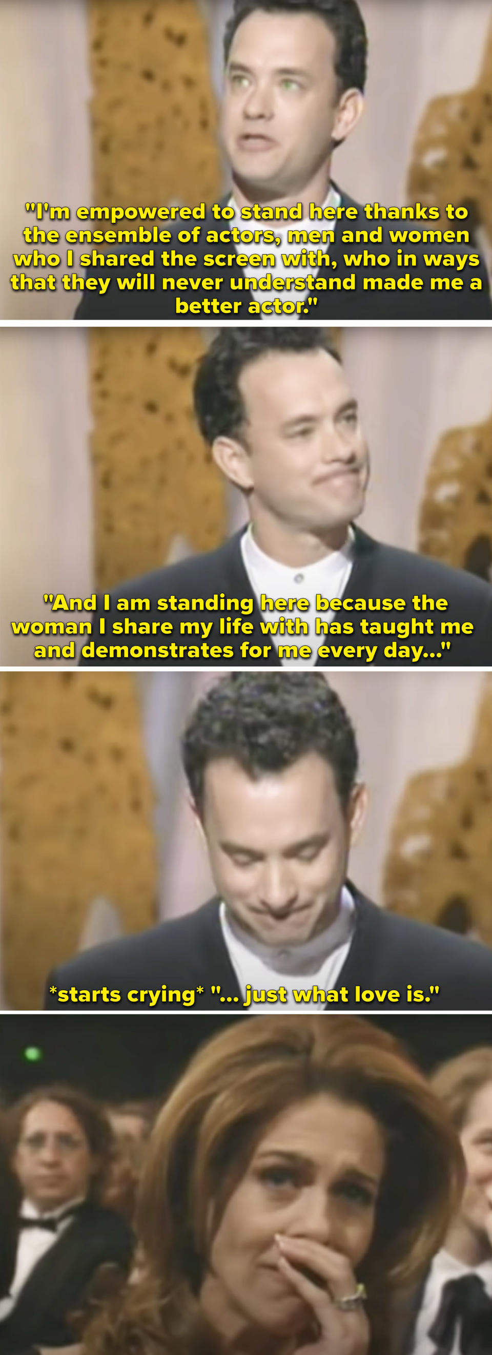 While Tom makes his speech, Rita is emotional in the audience