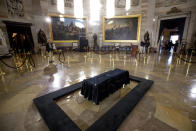 <p>Crews prepare for the late Rev. Billy Graham to be honored Wednesday in the Rotunda of the Capitol Building, Tuesday, Feb. 27, 2018 in Washington. (Photo: Andrew Harnik/AP) </p>