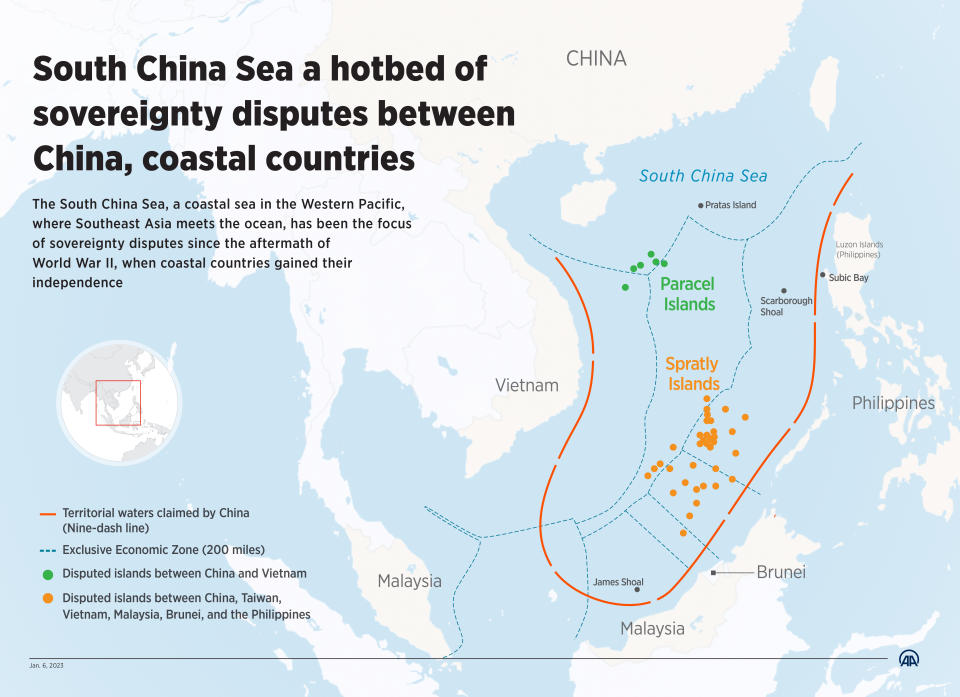 An infographic entitled: The South China Sea, hotbed of sovereignty disputes between China and other coastal countries in the region.