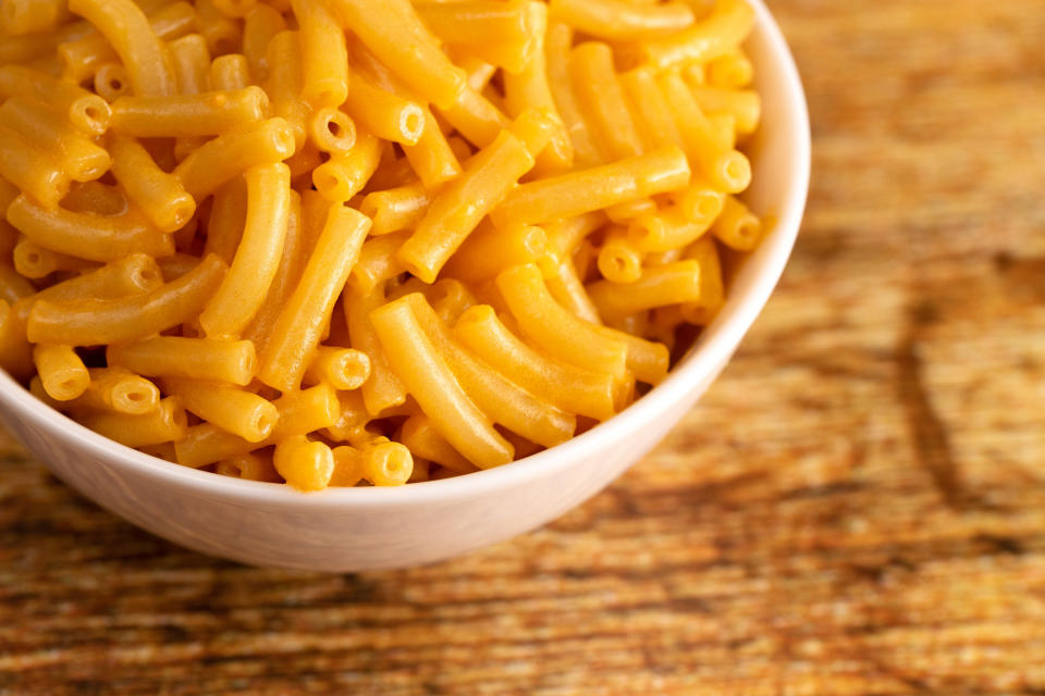 Boxed mac 'n' cheese in a bowl