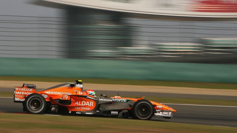 A photo of the orange Spyker F1 car on track in 2007. 