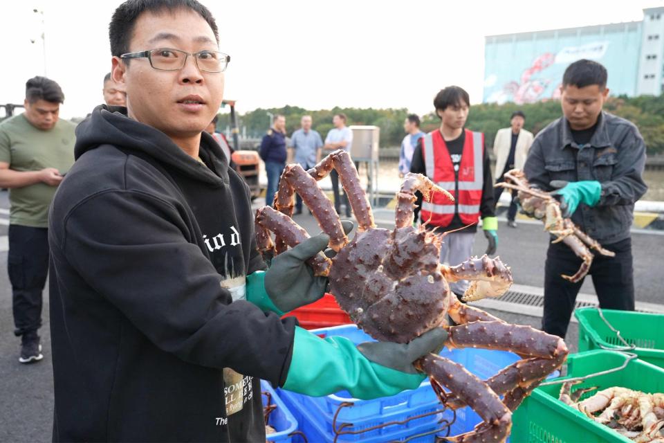 俄羅斯貨輪載運大批帝王蟹到上海碼頭。（圖／翻攝澎湃新聞）