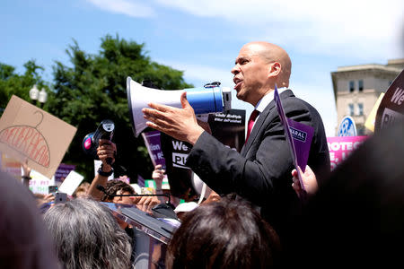 U.S. Senator Cory Booker (D-NJ) speaks at a protest against anti-abortion legislation at the U.S. Supreme Court in Washington, U.S., May 21, 2019. REUTERS/James Lawler Duggan