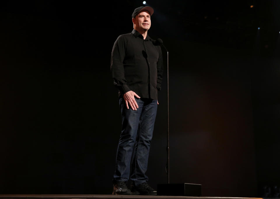 John Travolta is seen onstage during rehearsals for the 86th Academy Awards in Los Angeles, Saturday, March 1, 2014. The Academy Awards will be held at the Dolby Theatre on Sunday, March 2. (Photo by Matt Sayles/Invision/AP)