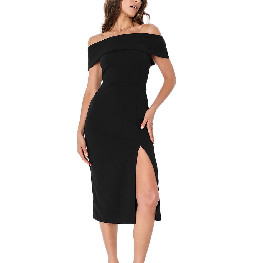 <p><a href="https://go.redirectingat.com?id=74968X1596630&url=https%3A%2F%2Fwww.lulus.com%2Fproducts%2Fluxe-attitude-black-off-the-shoulder-bodycon-midi-dress%2F2097396.html%3Fpla%3D1%26s_kwcid%3DAL%25217824%25213%2521657843054410%2521%2521%2521g%25212202445691644%2521%26gclid%3DCjwKCAjw5_GmBhBIEiwA5QSMxE2jg-UgnbDmyvtxU5tHNEHGv99_b8cIcSzl7bvaRWW0hjIW77UkaRoCmF0QAvD_BwE&sref=https%3A%2F%2F" rel="nofollow noopener" target="_blank" data-ylk="slk:Shop Now;elm:context_link;itc:0;sec:content-canvas" class="link rapid-noclick-resp">Shop Now</a></p><p>Luxe Attitude Black Off-the-Shoulder Bodycon Midi Dress</p><p>lulus.com</p><p>$67.20</p>