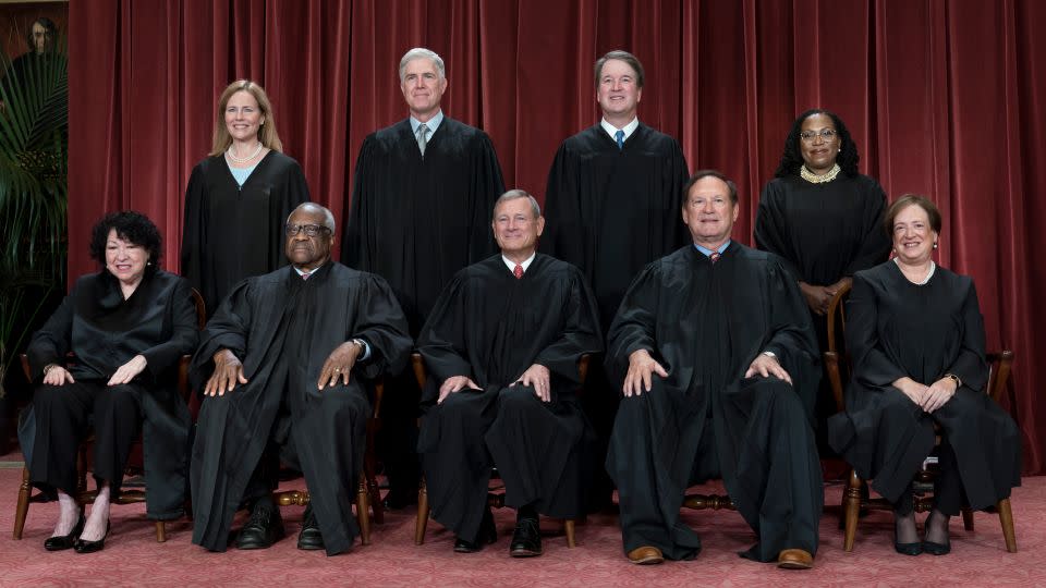 Members of the Supreme Court on October 7, 2022. Bottom row, from left, Associate Justice Sonia Sotomayor, Associate Justice Clarence Thomas, Chief Justice of the United States John Roberts, Associate Justice Samuel Alito, and Associate Justice Elena Kagan. Top row, from left, Associate Justice Amy Coney Barrett, Associate Justice Neil Gorsuch, Associate Justice Brett Kavanaugh, and Associate Justice Ketanji Brown Jackson. - J. Scott Applewhite/AP