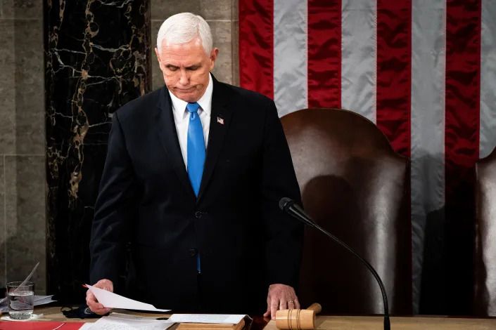 Vice President Mike Pence presides over a joint session of Congress to certify the 2020 Electoral College results on Jan. 6, 2021.