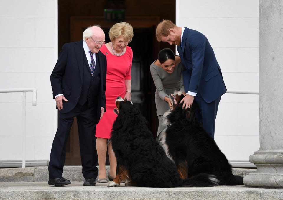 During a meeting with Ireland’s President Michael Higgins that Meghan Markle attracted extra attention from the President’s two pet dogs. Source: Getty