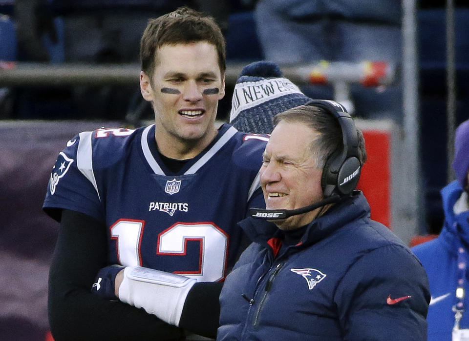 New England Patriots quarterback Tom Brady left and head coach Bill Belichick speak on the sideline during the fourth quarter of an NFL football game against the New York Jets, Sunday, Dec. 30, 2018, in Foxborough, Mass. (AP Photo/Steven Senne)