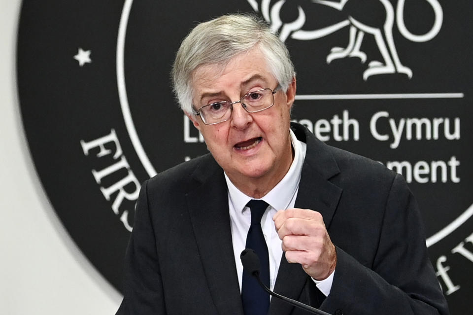 CARDIFF, WALES - OCTOBER 19: First Minister of Wales Mark Drakeford speaks during a press conference after the Welsh cabinet announced that Wales will go into national lockdown from Friday until 9 November, at the Welsh Government building in Cathays Park on October 19, 2020 in Cardiff, Wales. Cases of Covid-19 continue to rise in Wales even in areas that are already subject to restrictions. (Photo by Matthew Horwood/Getty Images)