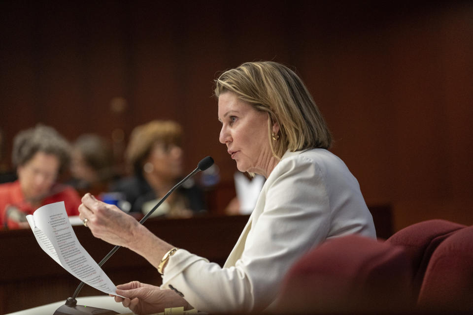 Georgia House Speaker Pro-Tempore Jan Jones, R-Milton, presents SB 233 to the House Education Committee in Atlanta, Wednesday, March 13, 2024. (Matthew Pearson/WABE via AP)