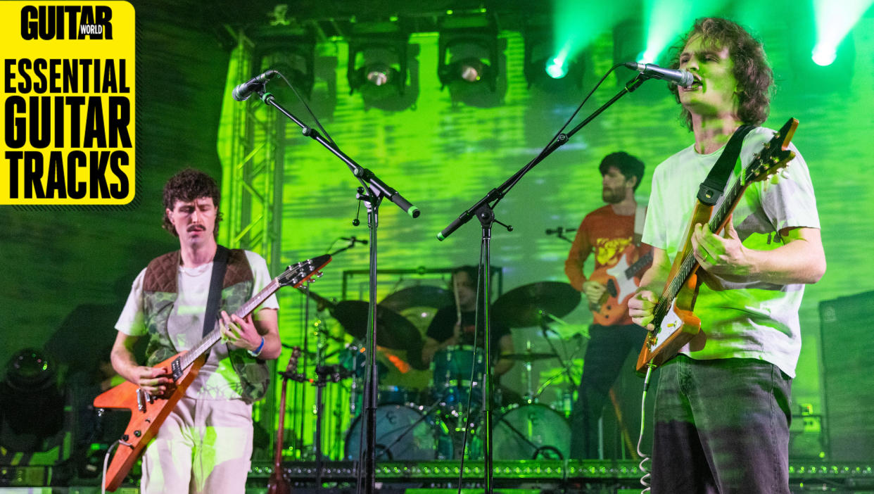  Joey Walker (left) and Stu Mackenzie perform onstage with King Gizzard & the Lizard Wizard at Stubb's Waller Creek Amphitheater in Austin, Texas on October 28, 2022 