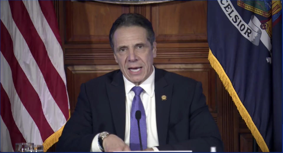 In this image taken from video from the Office of the NY Governor, New York Gov. Andrew Cuomo speaks during a news conference, Wednesday, March 3, 2021, in Albany, N.Y. (Office of the NY Governor via AP)