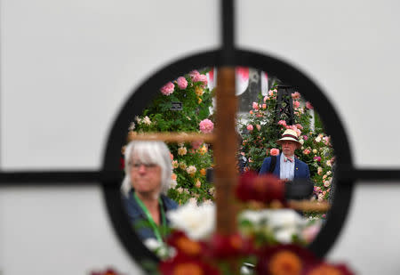 Visitors view floral displays at the RHS Chelsea Flower Show in London, Britain, May 21, 2018. REUTERS/Toby Melville