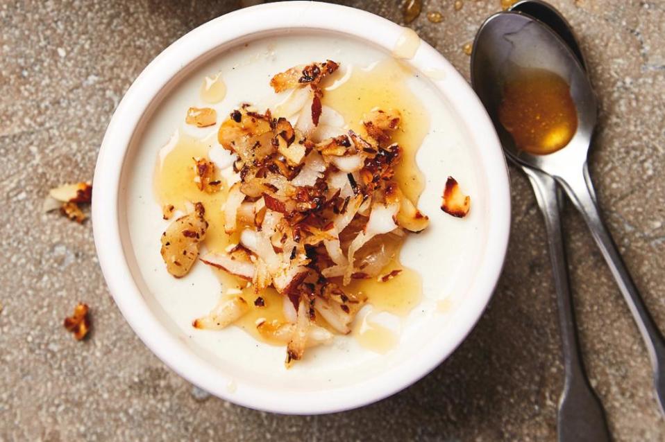 Yotam Ottolenghi’s coconut pudding with brazil nuts and lime syrup.